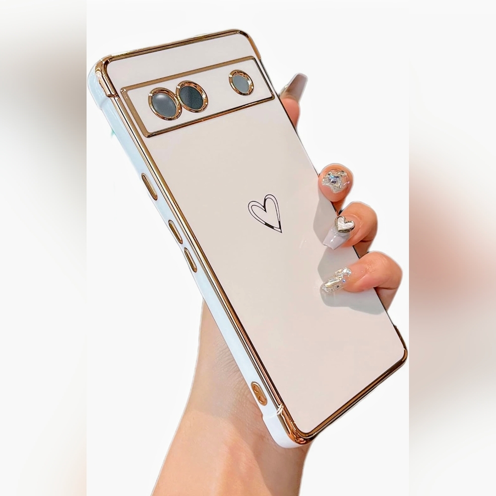 Google Pixel 7a Case | White and Gold Cute Plating Edge w/Heart Design